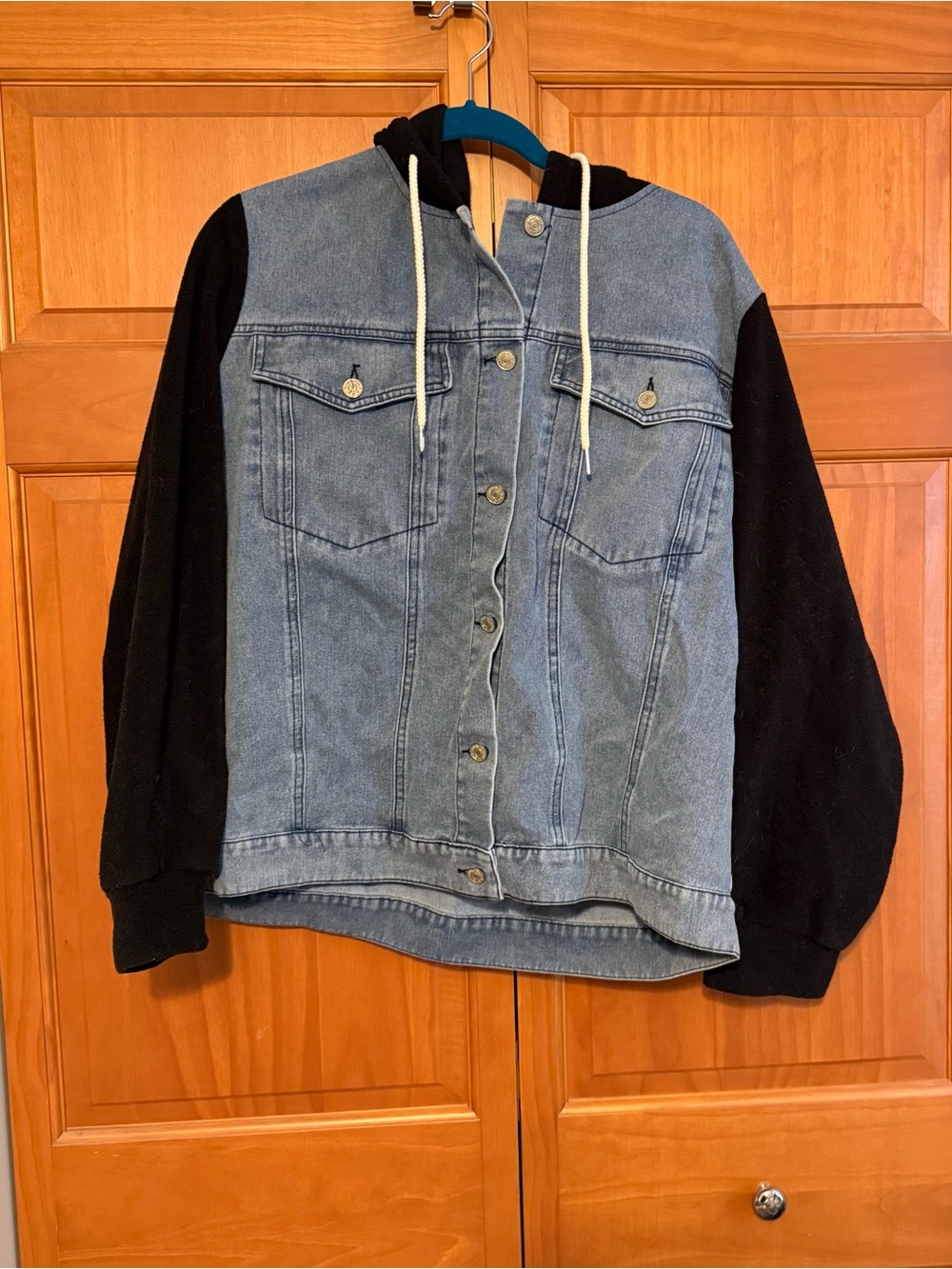 Denim Jacket with Black Fleece Hoodie Sleeves and Hood